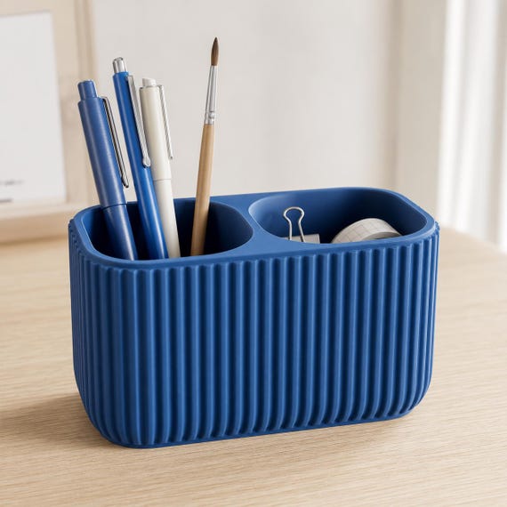 LineHaven Ribbed Desk Organizer, Single or Dual Compartment Pen Holder, Modern Office Storage Cup, 25 Matte Colors