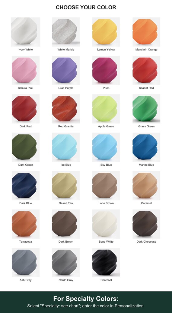 Full labeled color guide with White Marble and Red Granite among 27 color options. For Specialty Colors: Select "Specialty: see chart"; enter the color in Personalization.