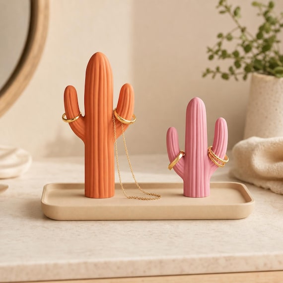 BranchCove Jewelry Organizer, Cactus Ring Holder and Necklace Stand, Botanical Vanity Tray, 3 Designs, 2 Sizes, 5 Matte Colorways