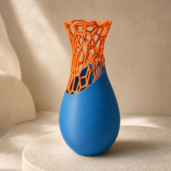 Custom Two-Tone Lattice Vase, 8 Inch Modern Decorative Vase, Organic Geometric Shelf Decor, Sculptural Housewarming Gift