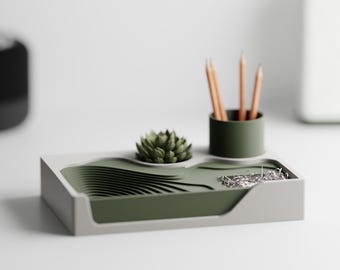 TerraceHub Desk Organizer, Topographic Catchall Tray with Pen Cup, Sculptural Office Storage, Modern Vanity Organizer, 25 Matte Colors