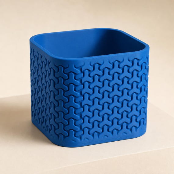 Close-up of an empty extra large TriLoom rounded-square planter in Marine Blue
