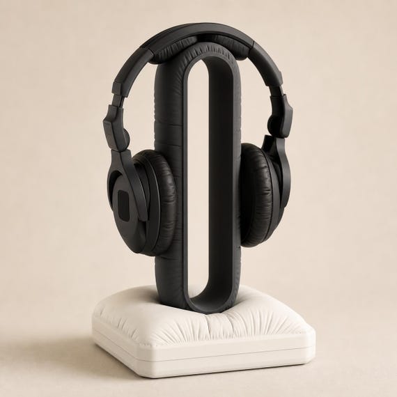 Close-up of the CushionLoop Classic Base stand in Charcoal and Ivory White holding black headphones