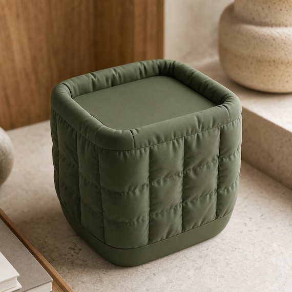 Close-up of the WovenCloud Vertical Fold desktop bin in Dark Green