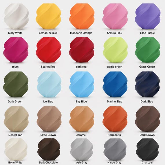 Complete labeled matte color swatch showing all 25 available color options.