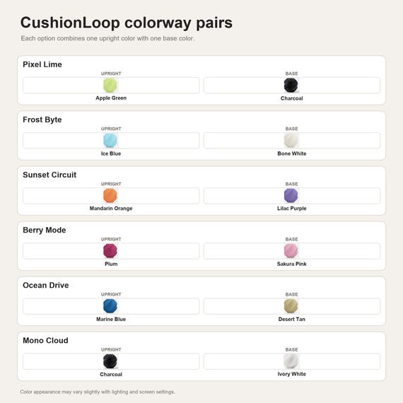 CushionLoop colorway pairs showing the exact colors used in each selectable option
