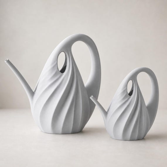 Close-up comparison of complete standard and small TideArc watering cans in Light Grey