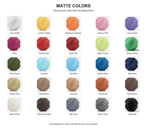 Matte color guide showing all 25 labeled color options for the Solenne holder.