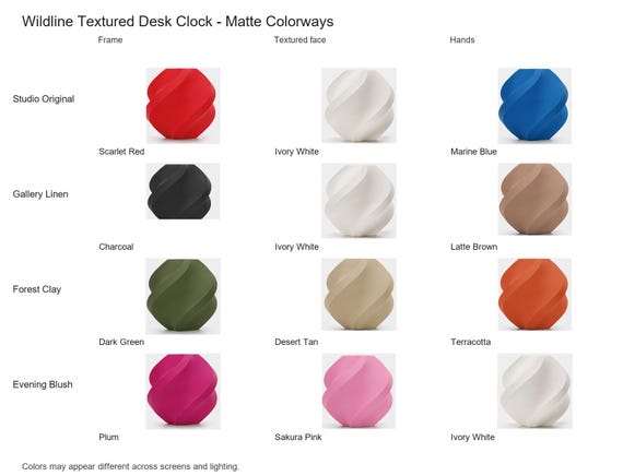 Wildline Textured Desk Clock matte colorway guide showing four named combinations with exact component and color assignments.