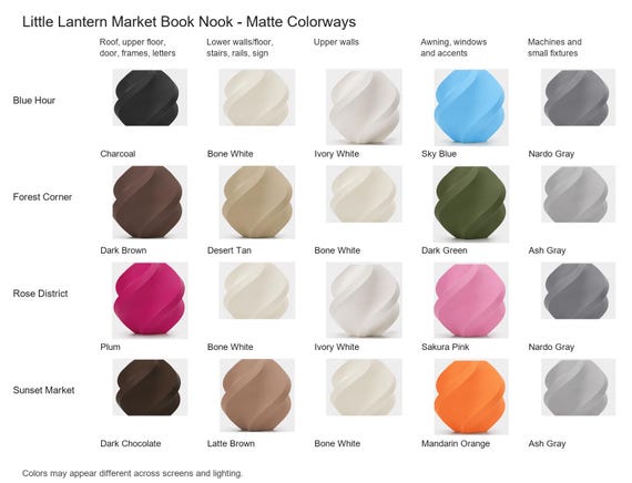 Matte colorway guide for Little Lantern Market Book Nook, showing the exact colors assigned to each component.