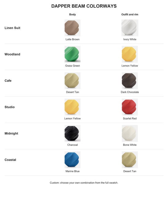 Dapper Beam named colorways with exact labeled supplier color samples for body and outfit and rim.
