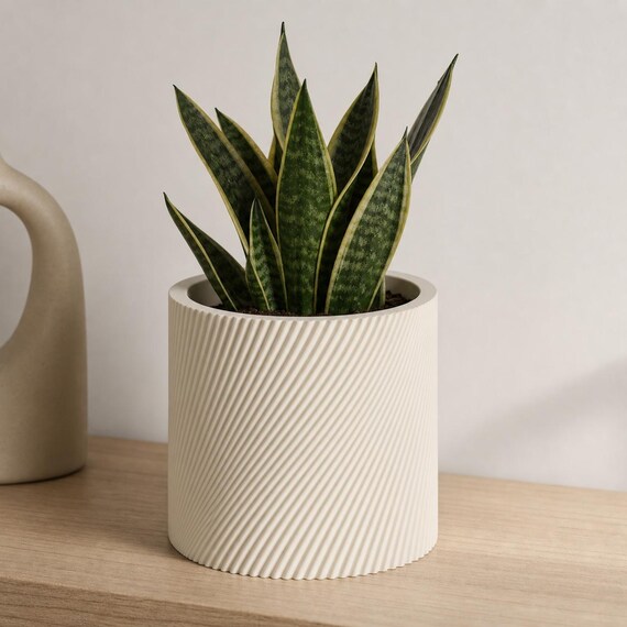 Bone White SlantThread indoor planter with an upright snake plant on a home office shelf