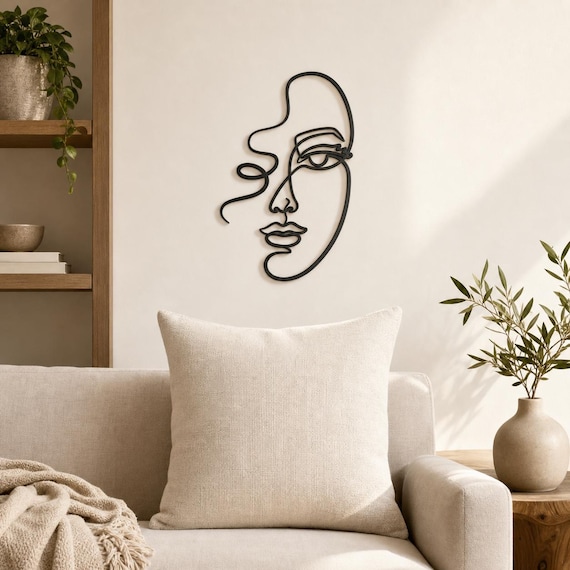 Abstract Woman Face Continuous Line Wall Art, 12 Inch Minimalist Wall Sculpture, Modern Home Decor, Custom Color
