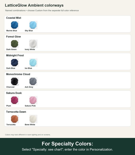 Named colorway swatch showing each option. For Specialty Colors: Select "Specialty: see chart"; enter the color in Personalization.