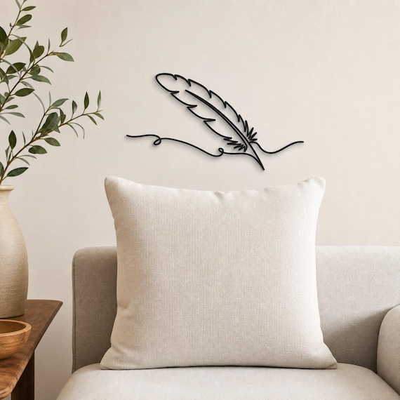 Feather Quill Continuous Line Wall Art, 12 Inch Minimalist Wall Sculpture, Modern Home Decor, Custom Color