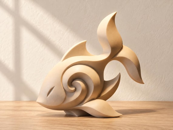 Current Dance Koi Fish Sculpture, Geometric Animal Figurine, Matte or Silk Colors, Modern Shelf Decor