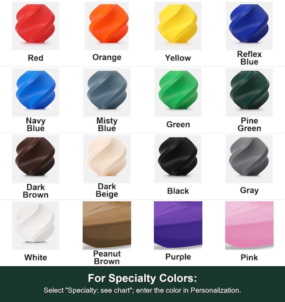 Labeled color swatch showing available choices. For Specialty Colors: Select "Specialty: see chart"; enter the color in Personalization.