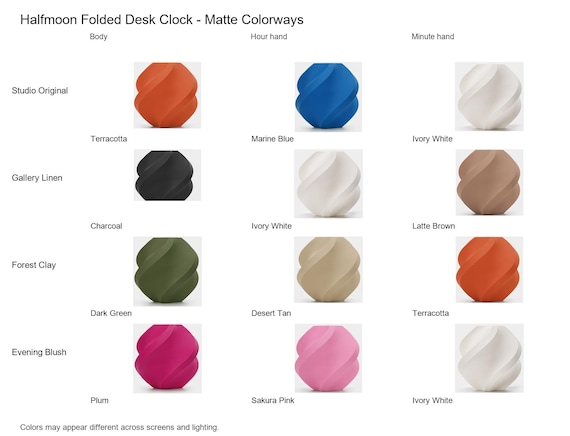 Halfmoon Folded Desk Clock matte colorway guide showing four named combinations with exact component and color assignments.