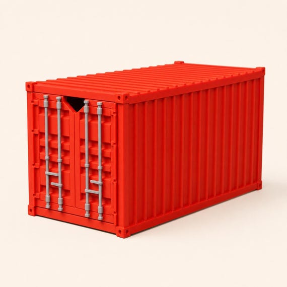 Close three-quarter view of the Red HarborGrid industrial storage drawer with Light Grey front bars on a warm white background