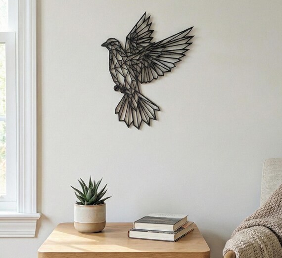 Geometric Flying Dove Wall Art: 1/2" thick relief art, multiple colors, ready to hang, shown in another listing view highlighting visible design details.