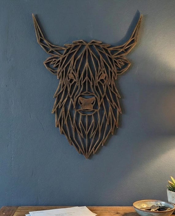 Geometric Highland Cow Wall Art: 1/2" thick relief art, multiple colors, ready to hang, shown in another listing view highlighting visible design details.