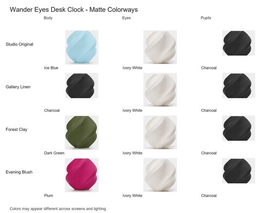 Wander Eyes Desk Clock matte colorway guide showing four named combinations with exact component and color assignments.
