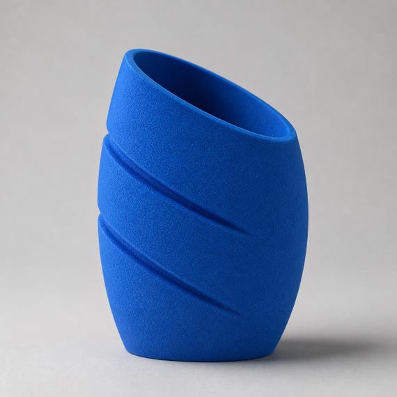 Elevated close-up of the empty Rhythmcrest vase in Cobalt Blue showing its slanted opening