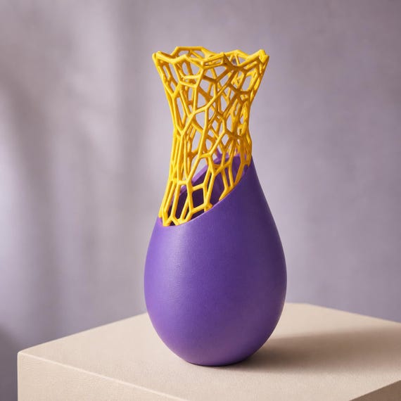 Eight-inch organic lattice vase with a Purple base and Yellow top section