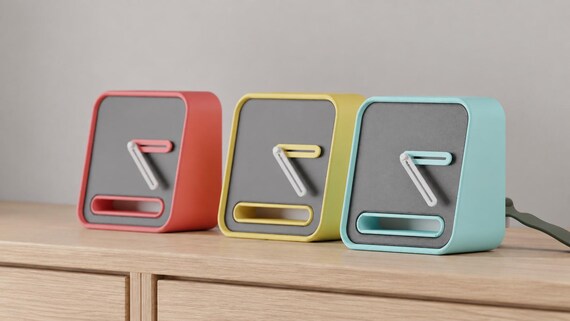 Alternate close-up of Slothour Desk Clock examples on light oak, showing their colored faces, hands and body profiles.