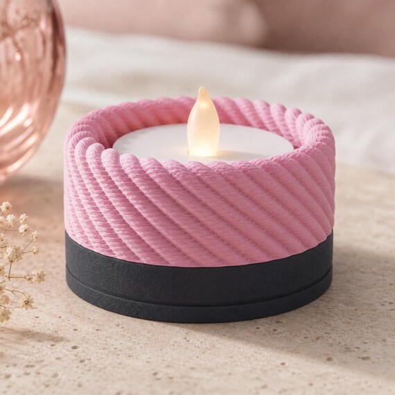 Harbor Weave LED tealight holder in the Charcoal and Sakura Pink Rose Harbor colorway