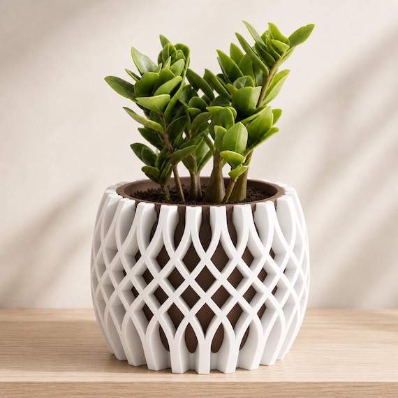 Close-up of the LatticeBloom indoor planter in White and Cocoa Brown