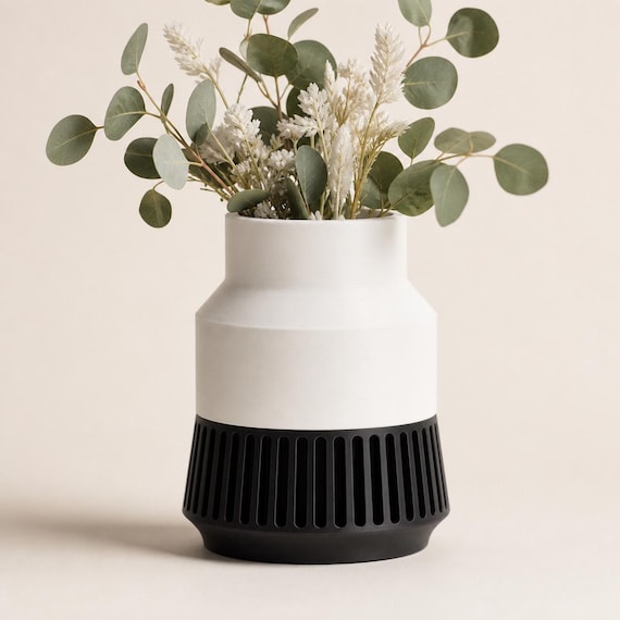 StrataRise Sculptural Dry Flower Vase, Two Tone Geometric Flower Vessel, Slotted Pedestal Vase, 2 Heights, 4 Standard Colorways