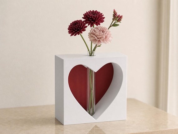 Keepsake Heart Bud Vase, Sculptural Flower Frame, White and Deep Red Modern Accent, Romantic Table Decor, Single Stem Display