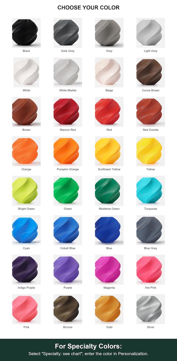 Full labeled color guide showing available shades. For Specialty Colors: Select "Specialty: see chart"; enter the color in Personalization.