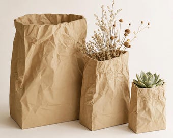 PaperMuse Crumpled Bag Planter, Sculptural Kraft Paper Style Container, Modern Storage Bin, 3 Sizes, Faux Paper Home Decor