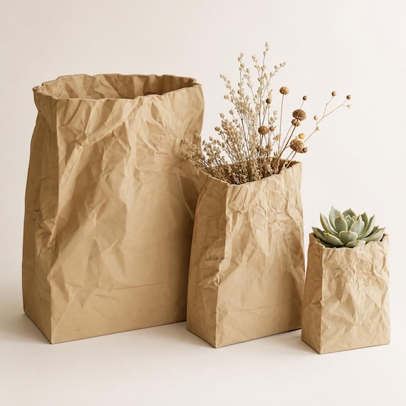 PaperMuse Crumpled Bag Planter, Sculptural Kraft Paper Style Container, Modern Storage Bin, 3 Sizes, Faux Paper Home Decor