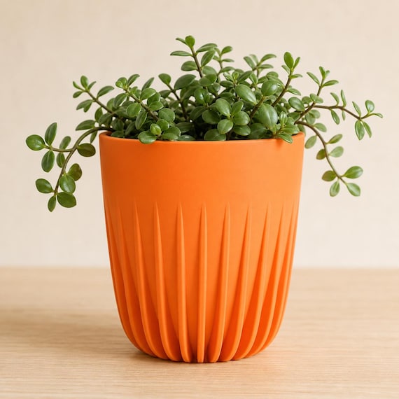 Close-up of a medium CrownRill architectural rib planter in Mandarin Orange with a green plant