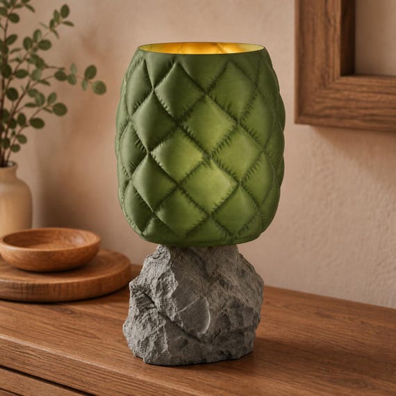 CloudCrag quilted accent lamp with Mistletoe Green shade, Gray rock pedestal, and Battery Tea Light