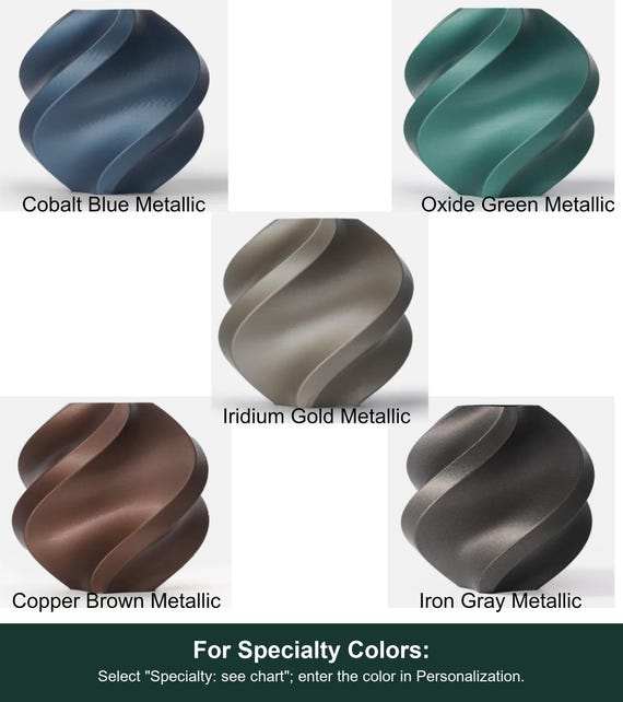 Complete labeled metallic color reference showing all available custom color choices. For Specialty Colors: Select "Specialty: see chart"; enter the color in Personalization.