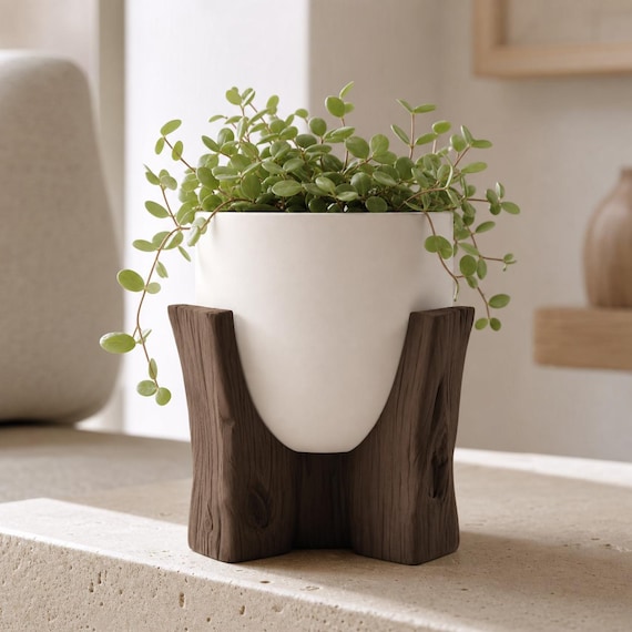 Hearthgrain Smooth Tripod Planter, Wood Grain Succulent Pot Stand, Organic Modern Indoor Plant Holder
