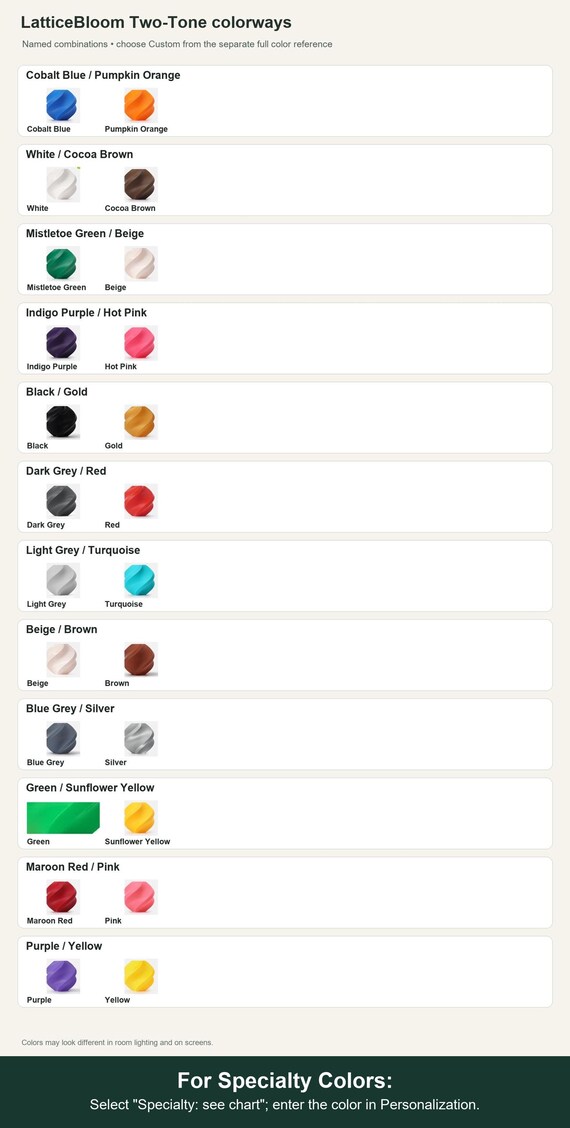 Named colorway swatch showing each option. For Specialty Colors: Select "Specialty: see chart"; enter the color in Personalization.