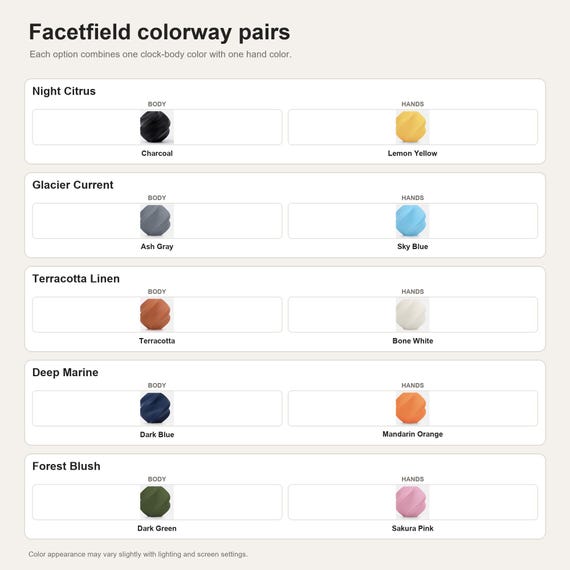 Facetfield colorway pairs showing the exact colors used in each selectable option