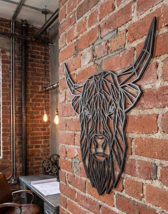 Geometric Highland Cow Wall Art: 1/2" thick relief art, multiple colors, ready to hang, shown in listing image 5 with additional visible details or options.