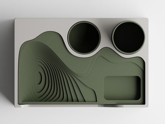 Overhead view of the complete TerraceHub desk organizer showing its pen cup and recessed storage areas