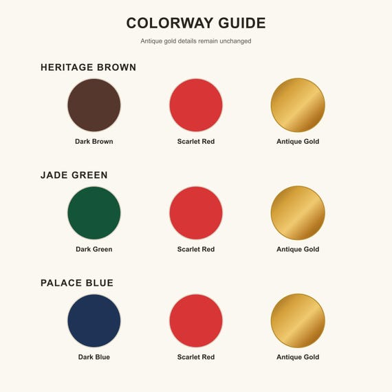 Colorway guide for Heritage Brown, Jade Green, and Palace Blue showing each main color with Scarlet Red and unchanged Antique Gold details