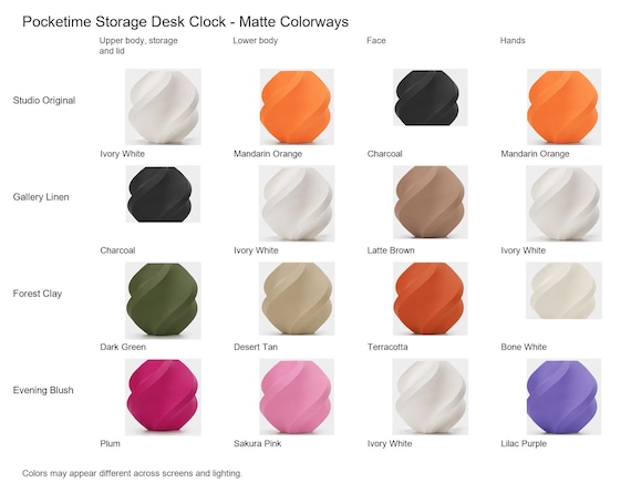 Pocketime Storage Desk Clock matte colorway guide showing four named combinations with exact component and color assignments.