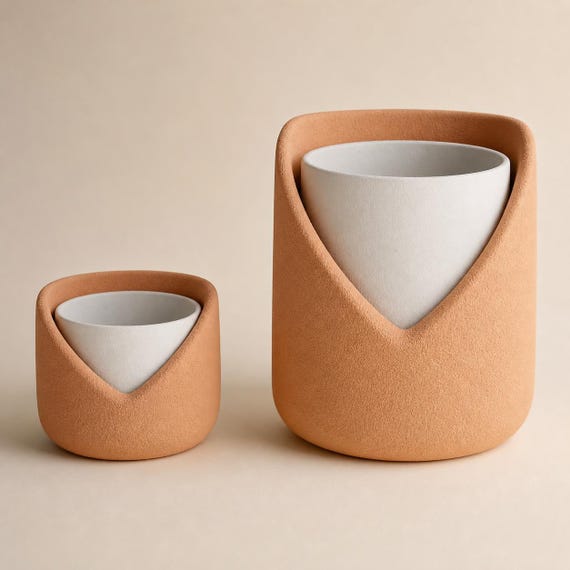 Close-up comparison of the proportional four-inch and eight-inch NestArc Veil planters