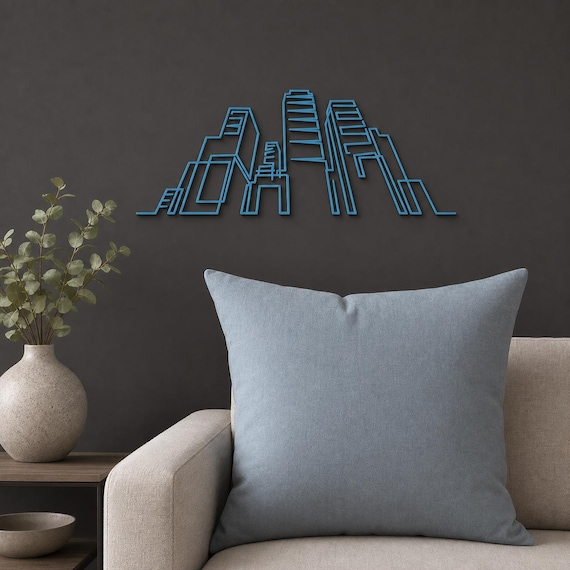 Modern City Skyline wall art in Lake Blue in a contrasting showcase room