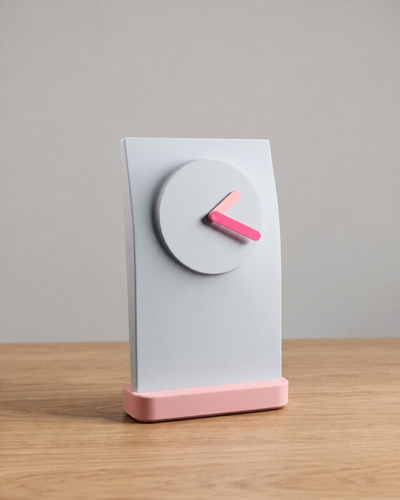 Softline Wall and Desk Clock in a close front angled view on oak, with a pale blue body, pink base and pink hands.