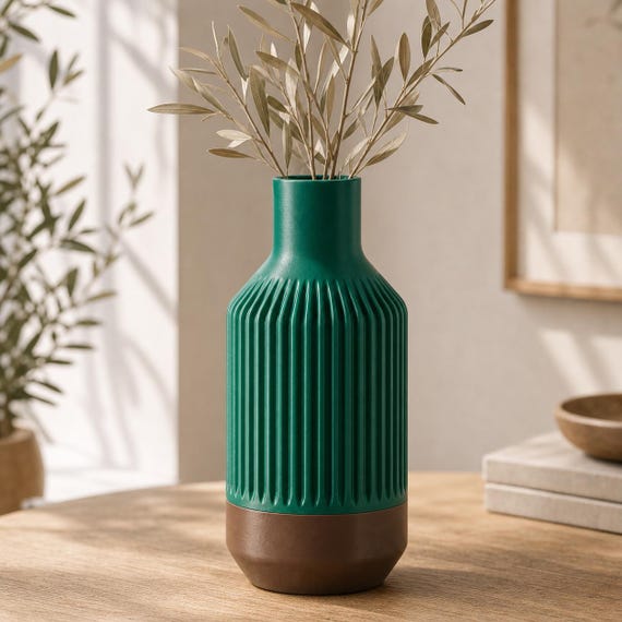 Close-up of the Stillcrest ribbed vase in the Mistletoe Green and Cocoa Brown Woodland Earth colorway